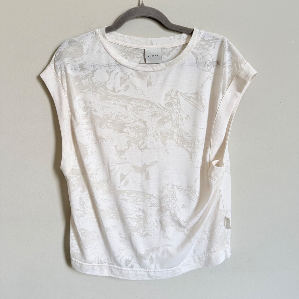 Varley Virden T-Shirt White Marble Print Muscle Tee Cap Sleeve Small NWOT - Picture 2 of 5